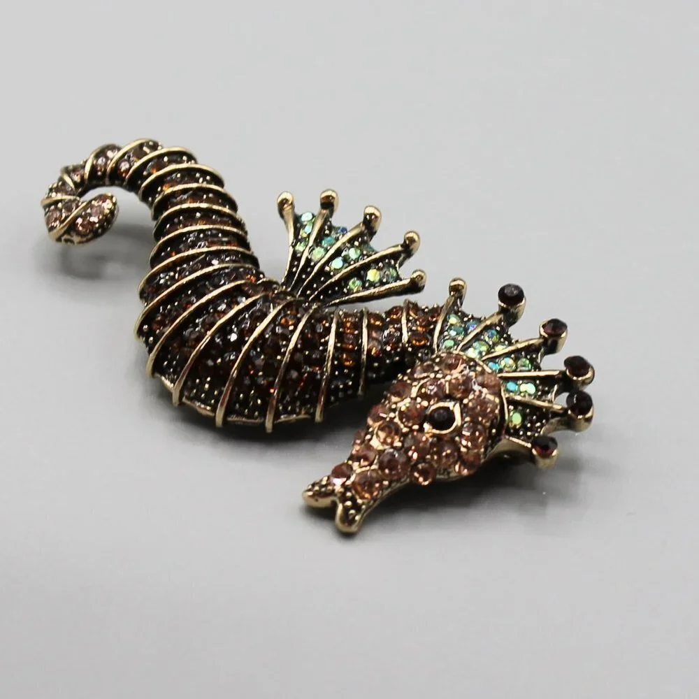 Jewelry pin brooch seahorse water animal crystals gold tone brown green new